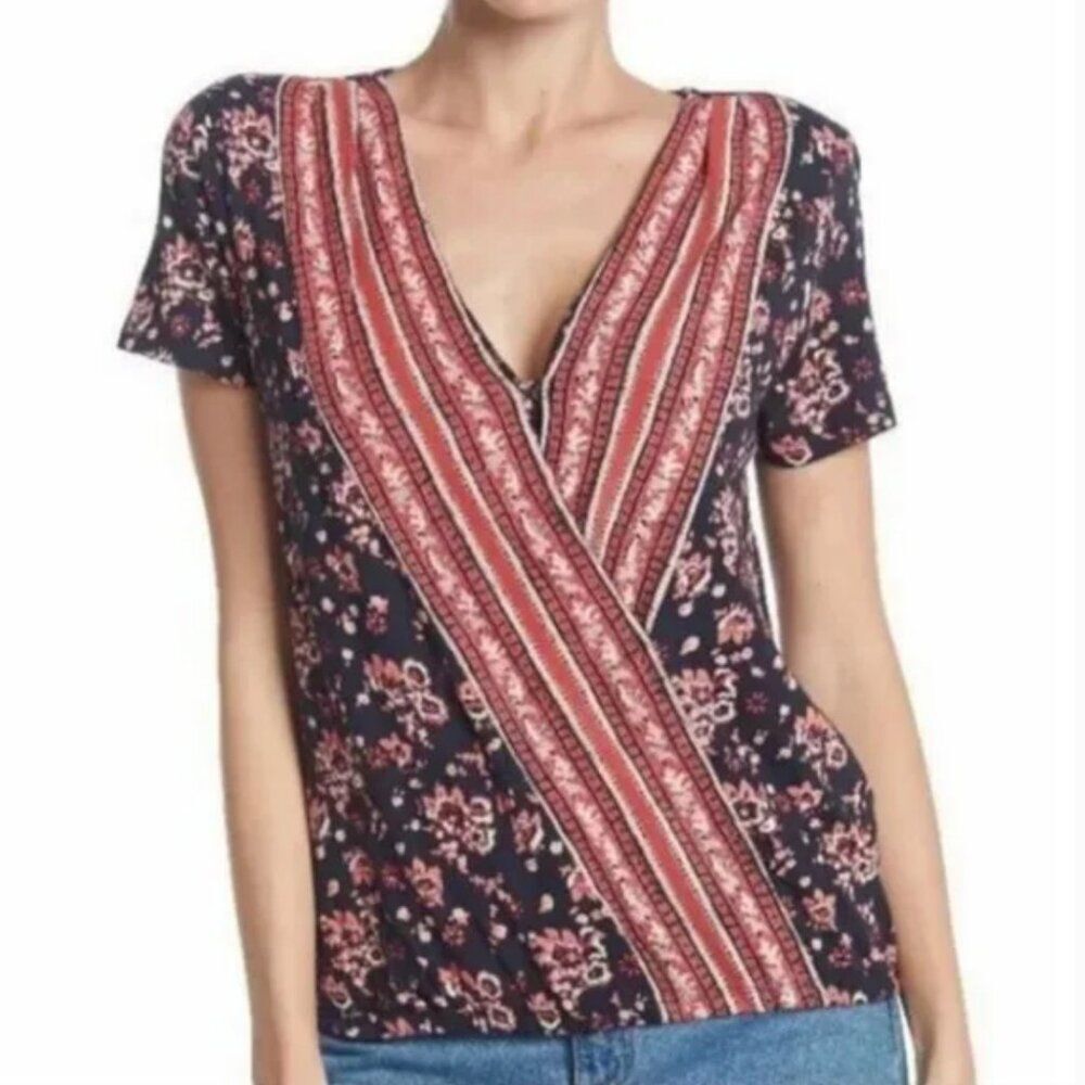 Lucky Brand Women's Woodblock Floral Surplice Neck Size Medium